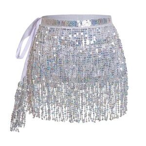 Silver Sequin Tassel Skirt Fringe Belly Dance Hip Scarf Sparkly Rave